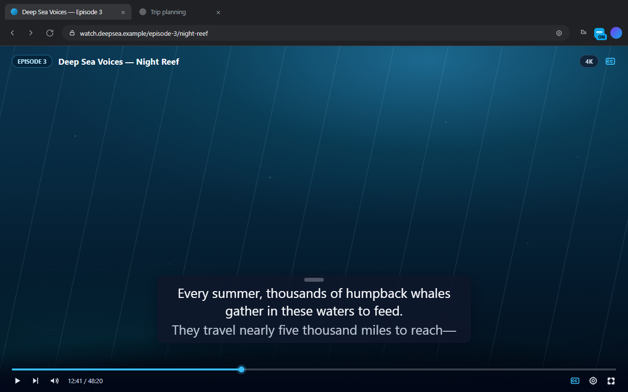 Brevier's caption bar showing live captions over a video stream in Chrome